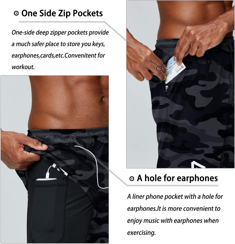 Pinkbomb Men's 2 in 1 Running Shorts Gym Workout Quick Dry Mens Shorts with Phone Pocket (Grey Camo, XX-Large - Image 2